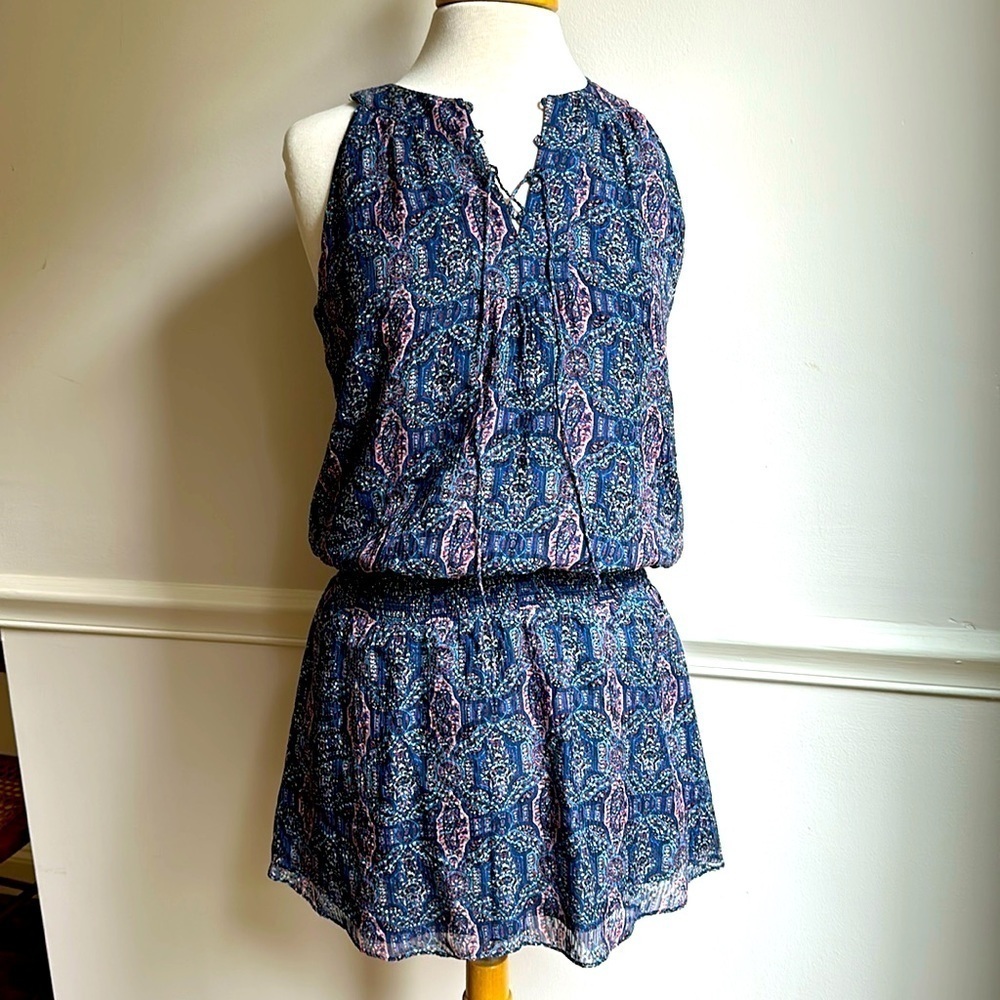 Joie Silk Blue Floral Paisley Sleeveless Dropwaist Minidress Size small EUC